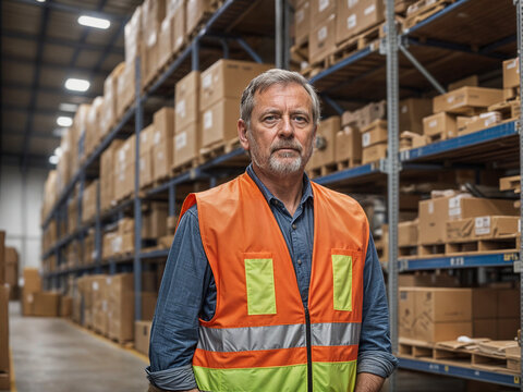 A working man wearing a security vest stands in front of a wall of boxes