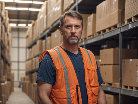 A working man wearing a security vest stands in front of a wall of boxes