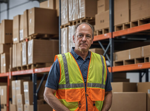 A working man wearing a security vest stands in front of a wall of boxes