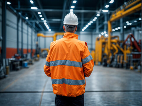 A working man wearing a security vest stands in factory