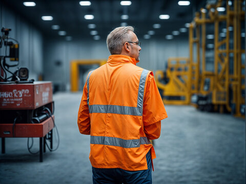 A working man wearing a security vest stands in factory