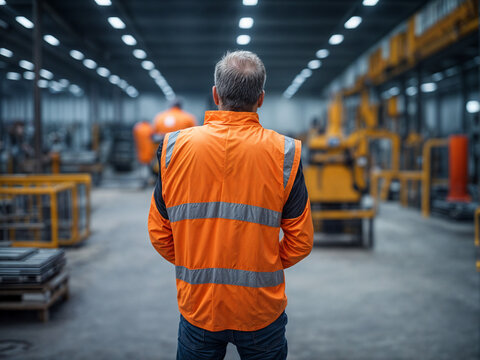 A working man wearing a security vest stands in factory