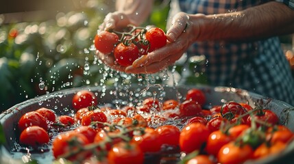 A fresh gardener washing fresh picked tomato's with a blurry backdrop and a big space for text or product, Generative AI.
