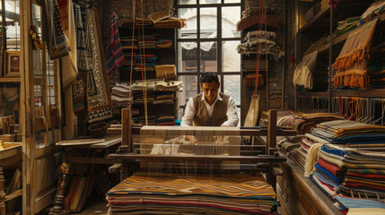 In one corner a skilled weaver is seated at a traditional wooden loom carefully threading different colored yarns to create a new piece of fabric. Surrounding the weaver are