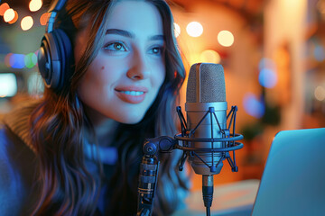 Female bloggers use studios equipped with microphones and laptops to livestream podcasts and YouTube videos. She delivers her charm to her fans on the Internet. Internet live streaming concept.