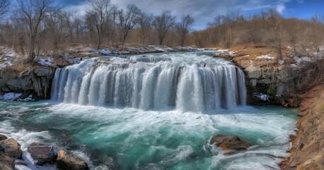 Waterfall during the spring thaw when melting snow and ice create a rush of water