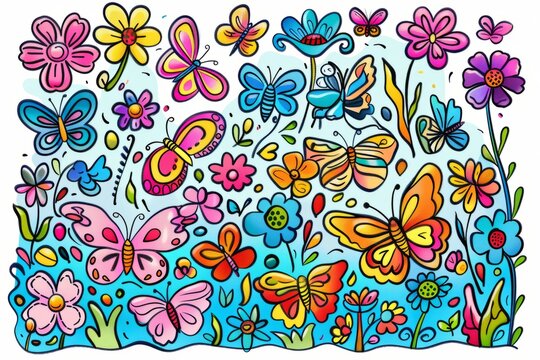 Cartoon cute doodles of a butterfly garden attracting colorful butterflies with nectar-rich flowers, Generative AI