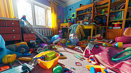Fototapeta premium A virtual reality scene of a childs bedroom with objects tered around to represent potential choking hazards. The narrator discusses the importance of childproofing the home.