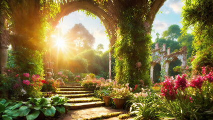 Obraz premium Ancient hidden flower garden, morning sun, romantic setting, summer