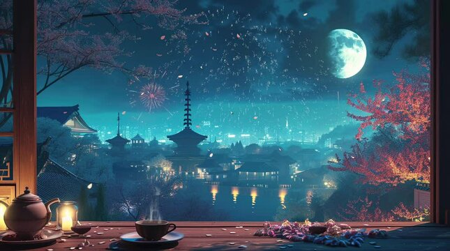 Moonlit Tranquility: A serene pagoda nestled amidst the darkness of the night, bathed in the soft glow of moonlight, exu Seamless looping 4k time-lapse virtual video animation background. Generated AI