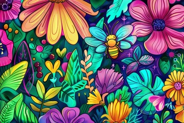 Cartoon cute doodles of a bee pollinating flowers in a vibrant garden scene, Generative AI