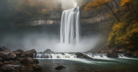Waterfall in the fog in rainy weather