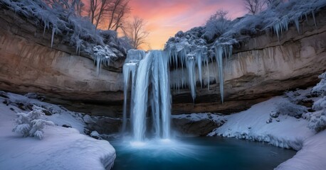Waterfall partially frozen with icicles forming around it during the magical twilight hours