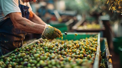 A middle aged olive oil artisan carefully smashing and selecting best olives in order to make pure olive oil with a nature backdrop and a big space, Generative AI. - obrazy, fototapety, plakaty