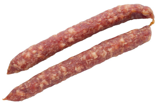 Sausages or salami. Pork or beef Kabanos sausage. Meat stick of Cabanos or Cabanossi Thin Dry Smoked Polish or Russian Sausage. Good for beer snack. High resolution food photo. Isolated background.