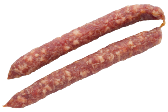 Sausages or salami. Pork or beef Kabanos sausage. Meat stick of Cabanos or Cabanossi Thin Dry Smoked Polish or Russian Sausage. Good for beer snack. High resolution food photo. Isolated background.