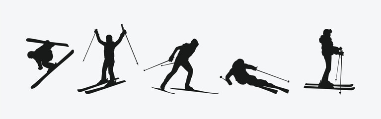 Vector set silhouette of ski. Winter sport, extreme sport concept. Isolated background. Vector illustration.