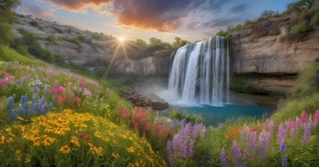  Waterfall with colorful wildflowers blooming in the springtime creating a dreamy effect © LilithArt