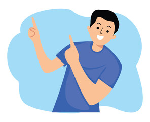 excited man with hands fingers direct up empty space background