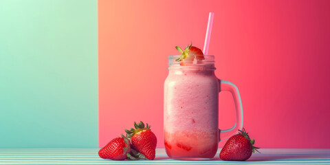 A mason jar of strawberry coconut smoothie, with a straw, is presented, showcasing pastel academia aesthetics, striped design, smooth curves, and brightly colored aesthetics. - obrazy, fototapety, plakaty