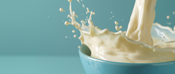 Butter is seen being dipped in a bowl of milk, showcasing a poured effect, childlike simplicity, and colors of beige and azure. - obrazy, fototapety, plakaty
