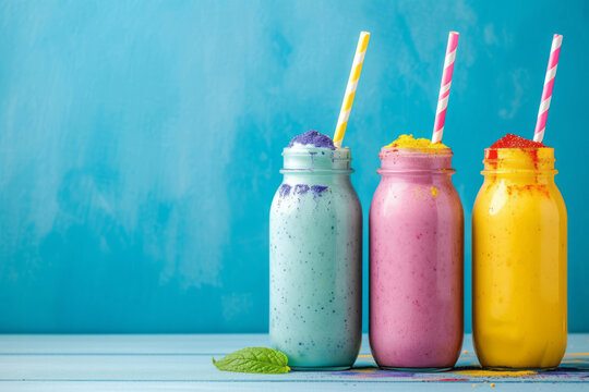 Colorful smoothies are presented in tall jars with straws, showcasing pastel toned aesthetics, soft and vivid colors of light azure, light indigo, and yellow.