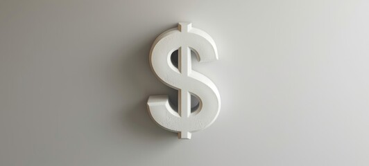 A dollar sign, shaped in white, is presented on a grey wall, showcasing back button focus, circular abstraction, minimal sculpture, and a white background. - obrazy, fototapety, plakaty
