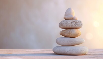 Five stones are stacked on top of each other against a light background, showcasing realistic figures, earthy color palettes, and humorous imagery.