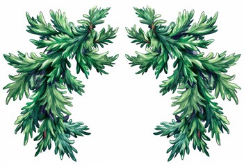 Juniper leaves are presented on a white background, showcasing reefwave aesthetics, symmetry, and ornamental design. - obrazy, fototapety, plakaty