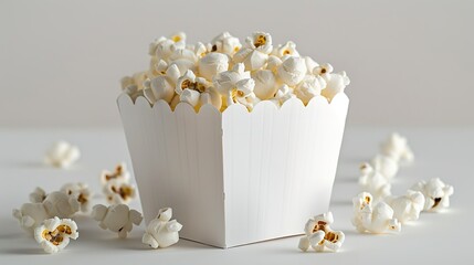 A white popcorn box with popcorns against a studio white backdrop with a big space for text or product a mockup, Generative AI. - obrazy, fototapety, plakaty