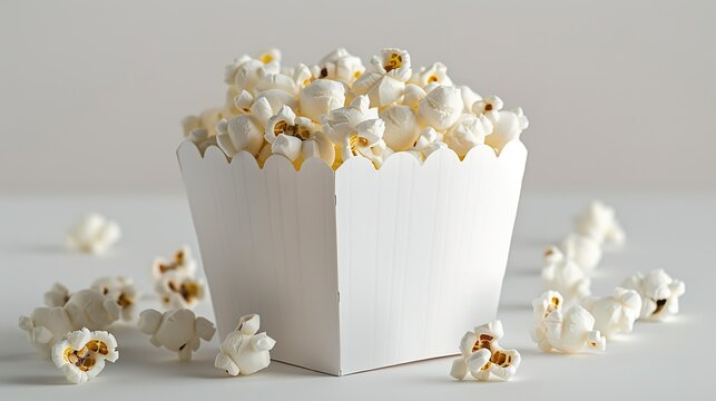 A white popcorn box with popcorns against a studio white backdrop with a big space for text or product a mockup, Generative AI.
