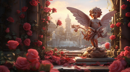 Cupid statue among the roses Generative AI - obrazy, fototapety, plakaty
