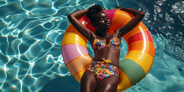 Summer Vacation Enjoying black Woman in bikini on the inflatable mattress in the swimming pool