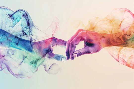 Interlocked hands with colored smoke. Generative AI