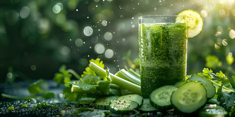 Refreshing Green Smoothie with Lemon and spinach on a textured grey surface. Fresh spinach leaves and lemon slices are scattered around the glass, cucumber and celery detox juice background 
