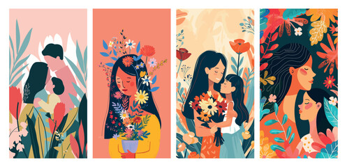 Colorful illustrations of diverse women and affectionate moments