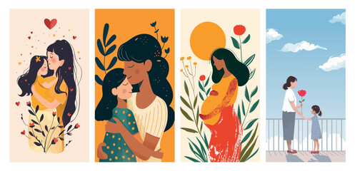 Motherhood moments and maternal love in various illustrations