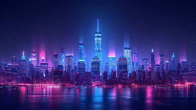 Line art - cityscape - skyline - neon lights - bright lights - water - coastal - bay - inlet - harbor - office buildings - skyscrapers - architecture 