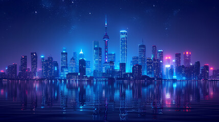 Line art - cityscape - skyline - neon lights - bright lights - water - coastal - bay - inlet -...