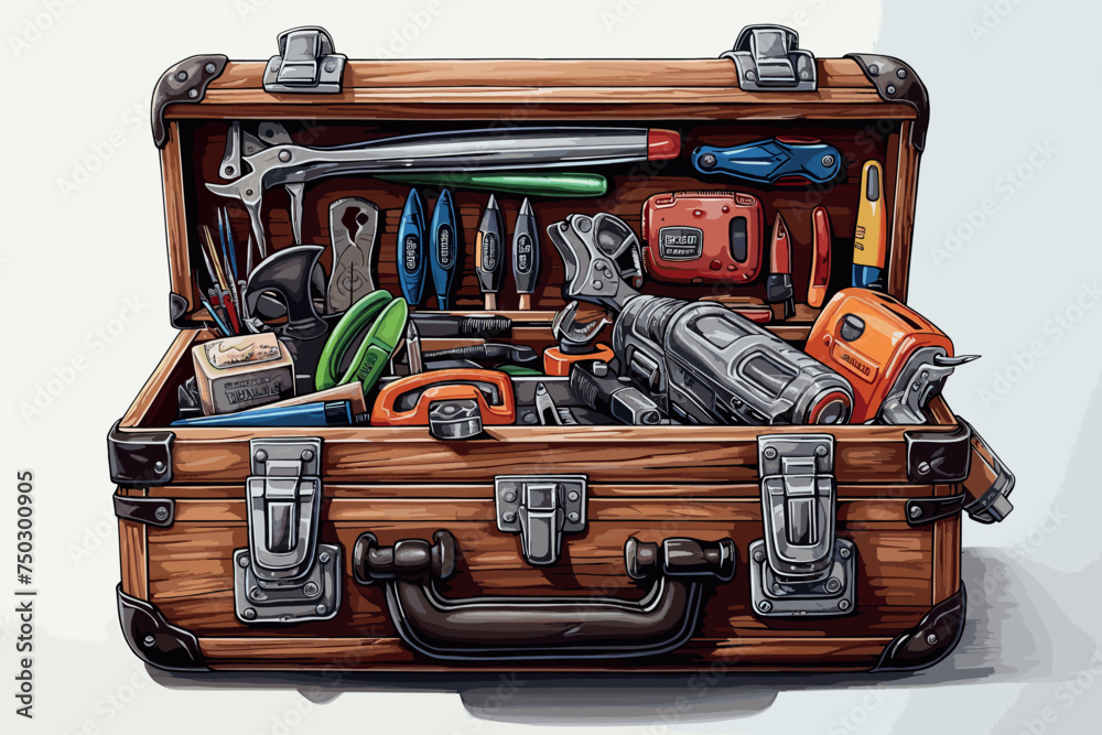 Wall mural An open tool box with various old tools visible from above, isolated on a white background with a clipping path.