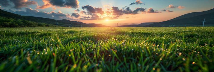 sunrise in the mountains,
Solar Panels and Wind Turbines Generate Electric - obrazy, fototapety, plakaty