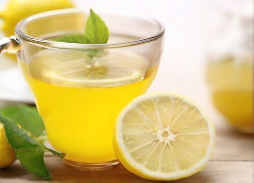 Lemon drinking tea on white background from Generative AI