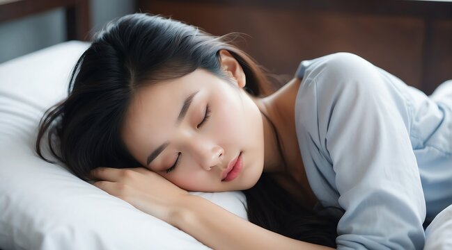 Sleeping beautiful attractive model asian young woman on bed from Generative AI