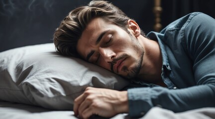 Fototapeta premium Sleeping handsome attractive model french guy on bed from Generative AI