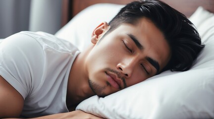 Obraz na płótnie Canvas Sleeping handsome attractive model filipino guy on bed from Generative AI
