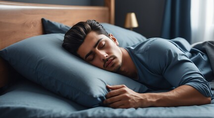 Obraz na płótnie Canvas Sleeping handsome attractive model hispanic guy on bed from Generative AI