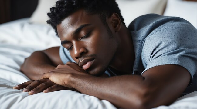 Sleeping handsome attractive model black african guy on bed from Generative AI