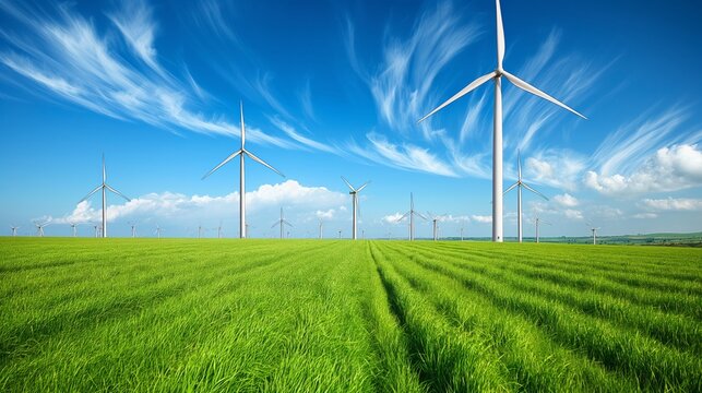 Energy from wind turbines. wind turbine in the field. renewable, green energy, conservation, and sustainable energy for future concepts.