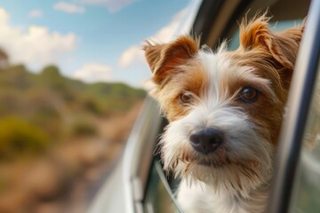 A brown and white dog leans out of a car window, its ears flapping in the wind as it enjoys the sensation of speed and the scents in the air.