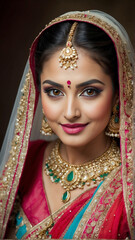 Fototapeta na wymiar Enchanting Portrait of an Indian Bride in Red Lehenga and Opulent Jewelry, Generative AI.